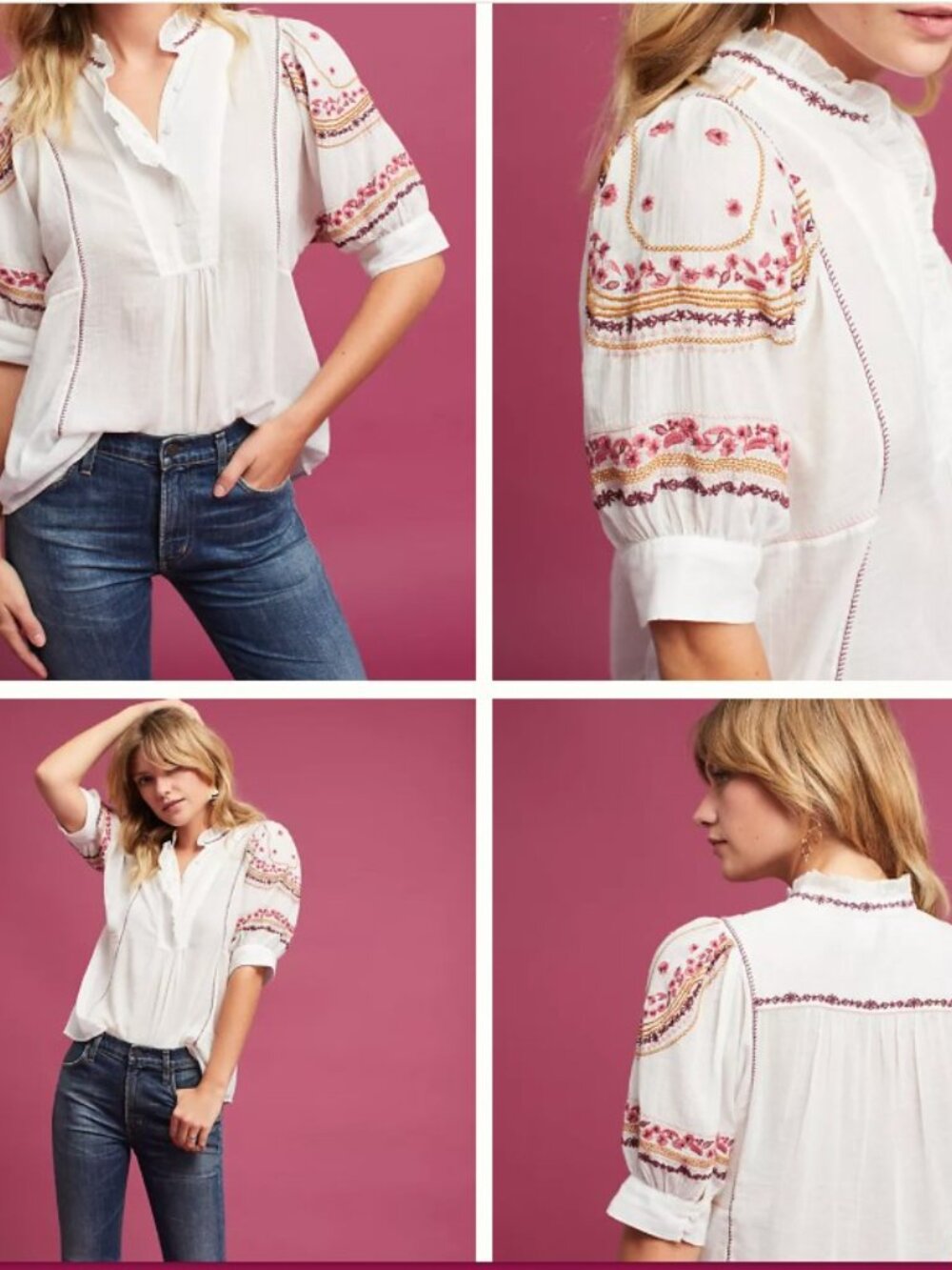 ANTHROPOLOGIE Akeni + Kin Embroidered Blouse - Whire/pink - M